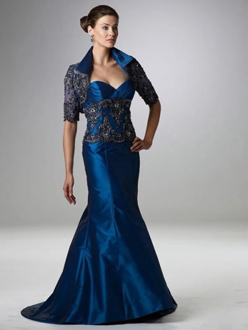 ---Very elegant mother of the bride dress 2021 online sale in mermaid style  made in satin with lace appliqués and three-quarter